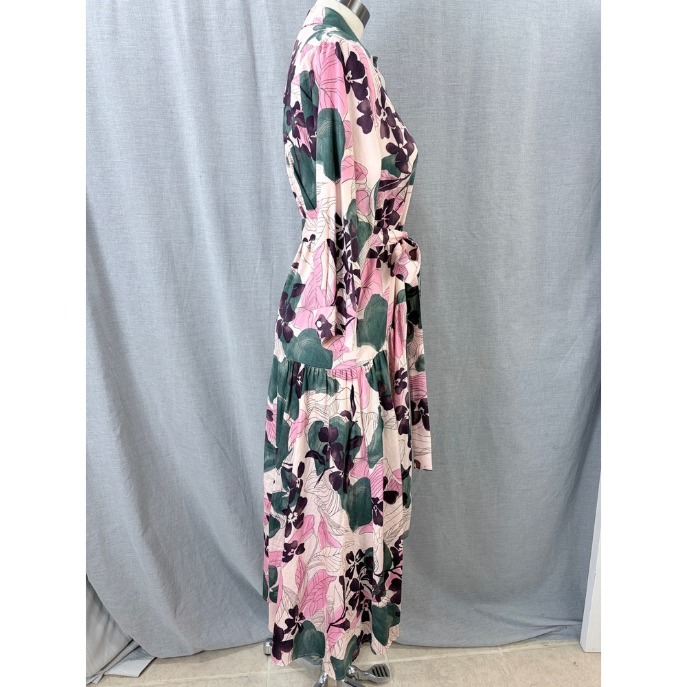 Alexis Beatrice Pink Green Floral Cotton Shirtdress Tiered High Low Midi Dress M - Picture 9 of 11